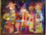 tableau représentant un groupe de clowns jouant de la musique devant une scène