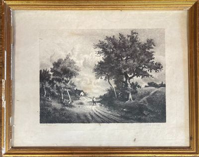 an old picture of a painting of a country road in a frame