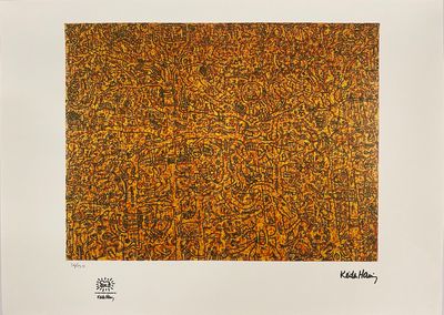 an orange and black painting on a white surface