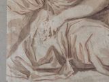 drawing of a woman sitting on a bed with a dog