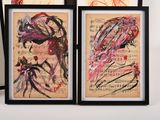 three framed pictures of flowers and music notes on the wall
