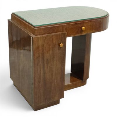 an image of a small wooden desk with a glass top