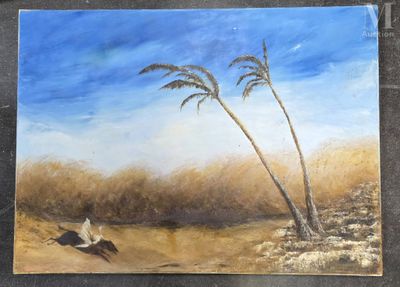 un tableau représentant deux palmiers sur la plage