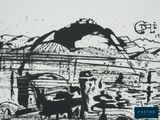 a black and white drawing of a boat in the water