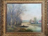 an oil painting of a boat on a river with a house in the background