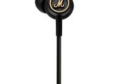 a pair of black and gold earphones on a white background