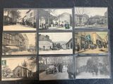 several old black and white photographs of a town street