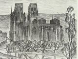 pencil drawing of a large building with a clock tower in the middle of it