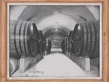 photographie en noir et blanc de tonneaux de vin alignés dans une cave