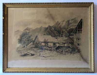 an old picture of a mountain scene with a house in the foreground