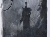 a drawing of a person walking in the rain