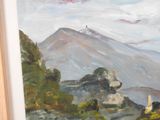 a picture of a painting of a mountain with a sky background