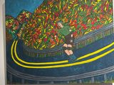 a painting of a person riding a skateboard down a road