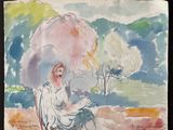 une aquarelle représentant une femme assise sous un parapluie