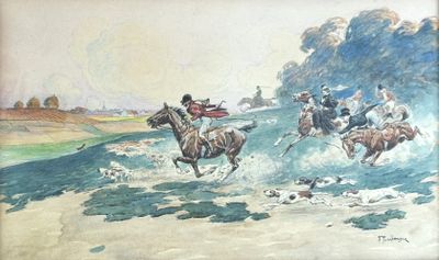 a painting of a man riding a horse on the beach