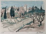 a watercolor painting of a village with trees in the foreground