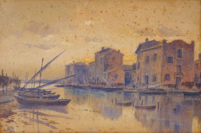 peinture de bateaux dans un port avec des bâtiments en arrière-plan