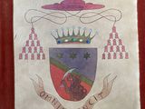 an old book with a picture of a coat of arms on it