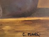 an oil painting of a black cat sitting on top of a wooden table