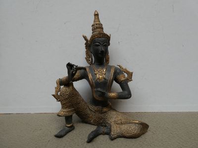 Statuette en bronze patiné et doré - "Danseur assis" - Thaïl…