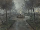 a painting of a fountain in the middle of a park