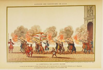 an old painting of a group of men holding guns in front of a crowd