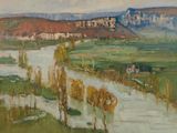 une image représentant un tableau où l'on voit une rivière qui traverse un champ verdoyant