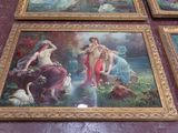 four framed paintings of women and animals on a wall in a room
