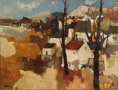 une peinture à l'huile représentant un village avec quelques arbres au premier plan