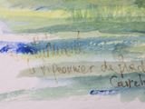 a watercolor painting of a boat on the water