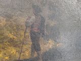 a painting of a man with a stick in the woods