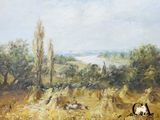 une image représentant un tableau où l'on voit un chat assis dans un champ