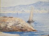 a painting of a sailboat on the water near a rocky shore