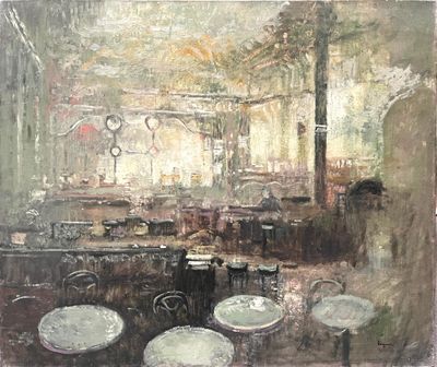 une peinture représentant un restaurant avec des tables et des chaises