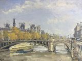 un tableau représentant un pont enjambant une rivière, sur lequel se trouve un bateau