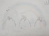 a drawing of a group of people with a rainbow in the background