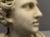 a white marble bust of a woman with curly hair