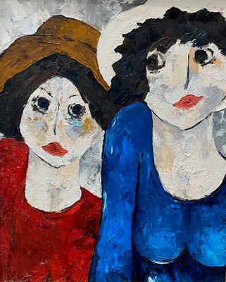 painting of two women with hats and a red dress sitting next to each other