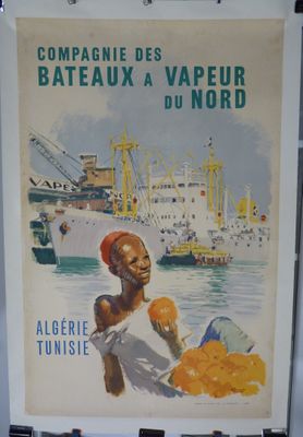 affiche représentant un homme tenant un bouquet d'oranges devant un bateau