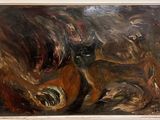 une peinture à l'huile représentant un chien et un chat, dans un cadre blanc