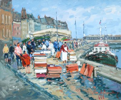 un tableau représentant un groupe de personnes marchant sur une jetée