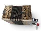 an old accordion with a black and gold design on it