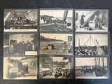 several old black and white photos of people on a bridge
