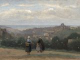 tableau représentant deux femmes debout sur une colline, avec une vue sur une ville au loin