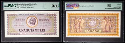 three different types of bank notes are on display in a display case