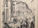 drawing of a crowd of people walking down a street in front of a tall building