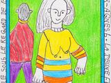 a drawing of a woman and a man walking down a street