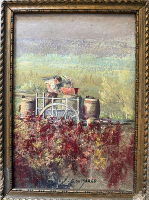an oil painting of a woman sitting on a bench in a field