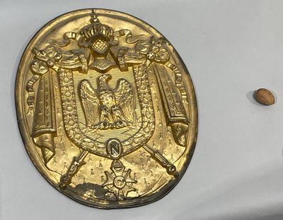 a gold coin with a coat of arms and a crown on it