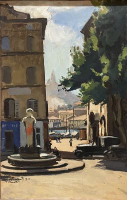 painting of a street scene with a fountain in the middle of the street